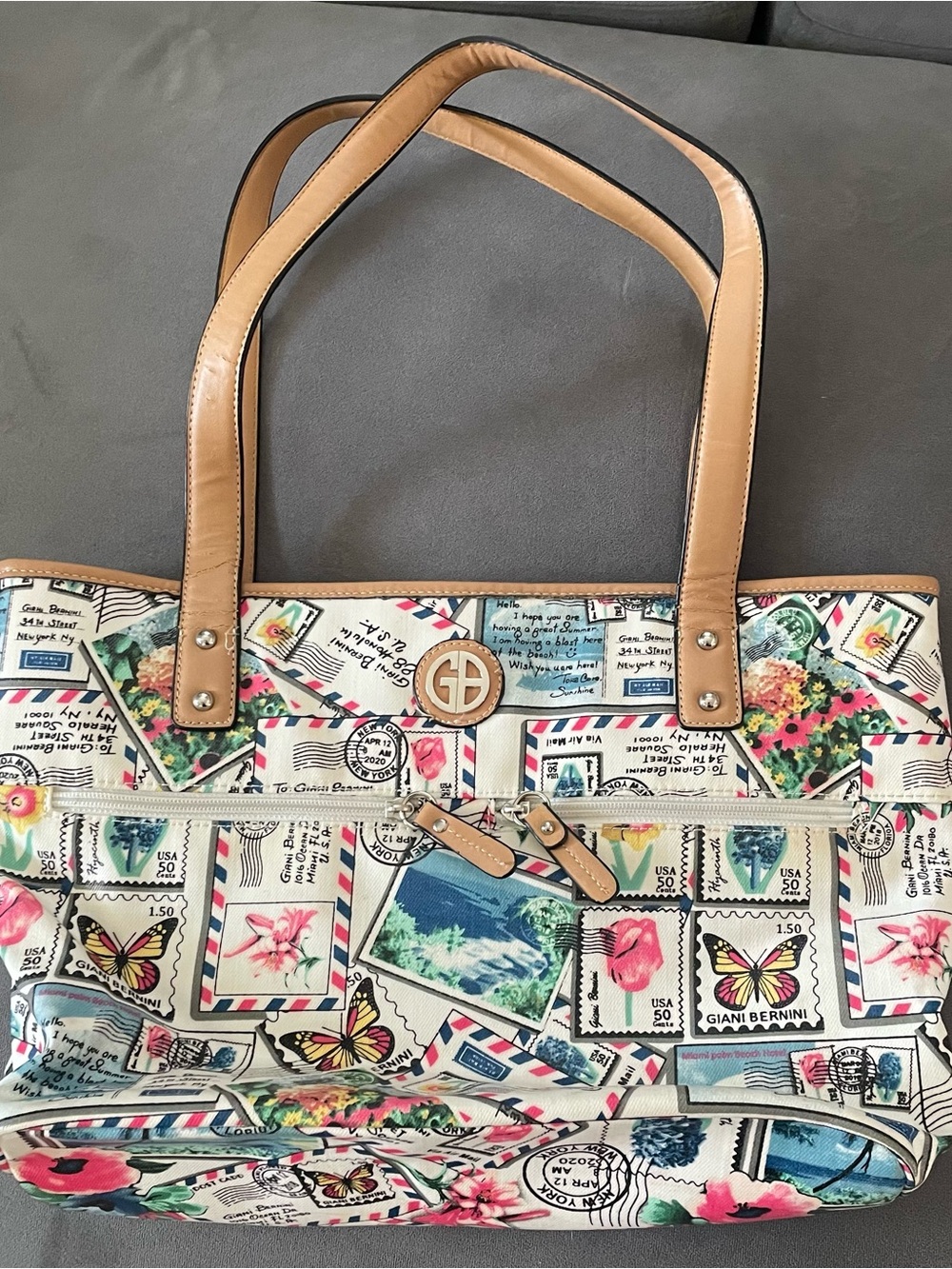 Giani Bernini Multicolor Postal Stamp Print Tote with Tan Trim